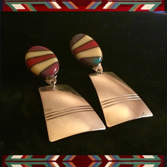 NATIVE AMERICAN TURQUOISE FM STERLING SILVER LARGE STATEMENT EARRINGS - Picture 1 of 8